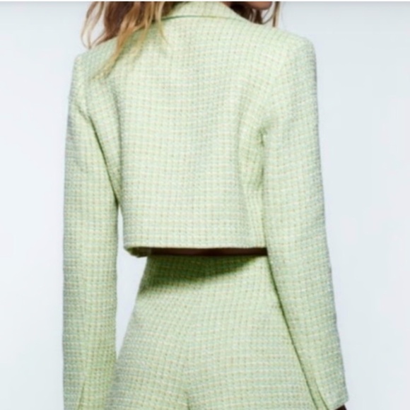 Zara Cropped Tweed Textured Jacket/Blazer Green Small NWT Office Academia Preppy - Picture 2 of 16